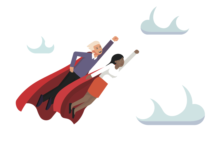 Two people with capes flying through clouds